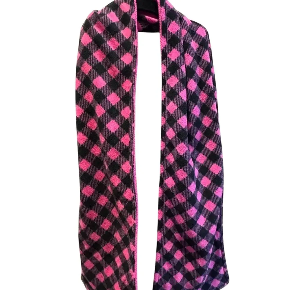 Joe Boxer Womens Pink Black Buffalo Plaid Check Fleece Winter Scarf Long